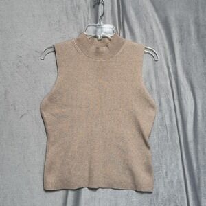 Express Sweater Womens Large Beige Mock Neck Sleeveless Ribbed Knit‎ Metallic